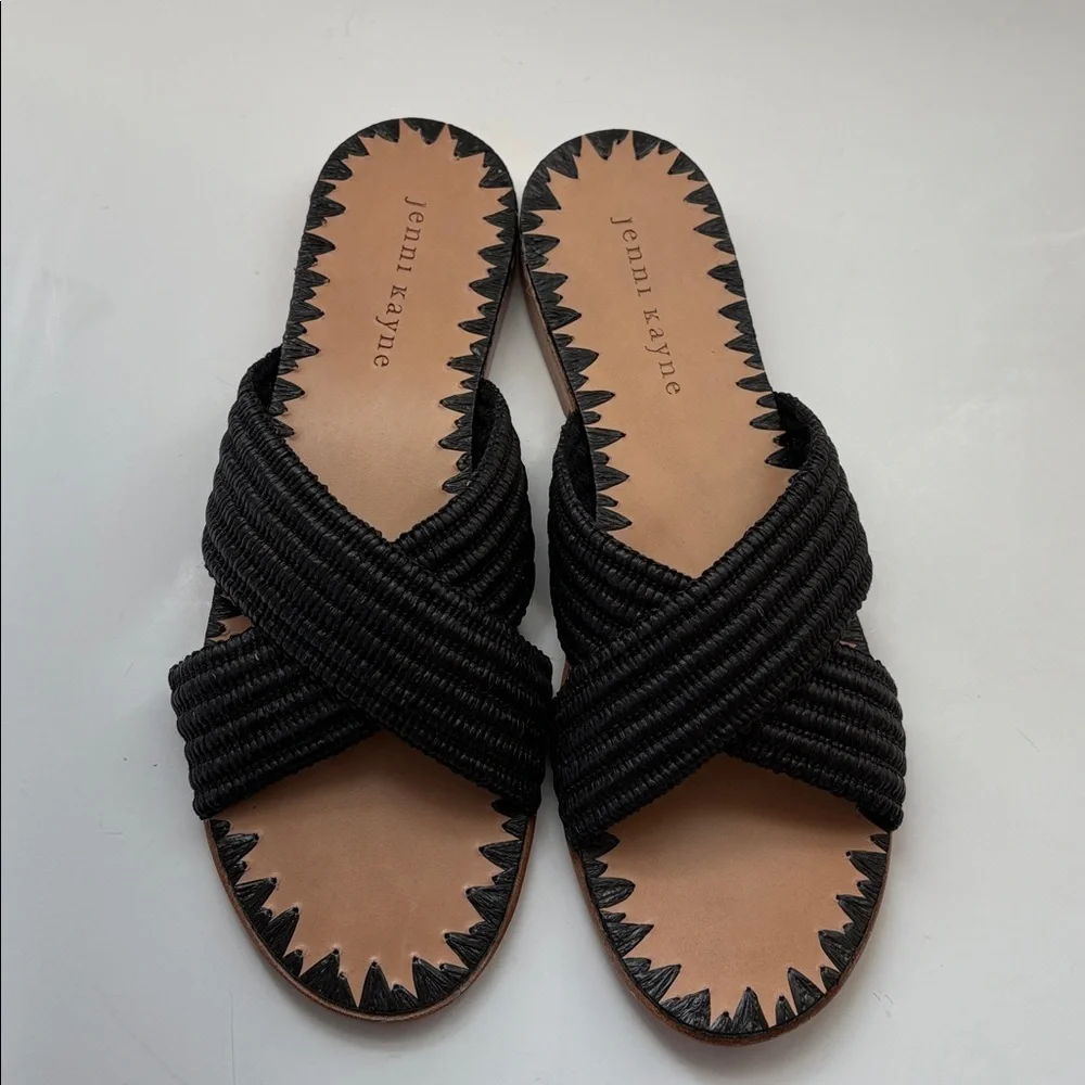 Jenni Kayne Woman’s Rafia Crossover & Leather Flat Sandals Black Size 38 New